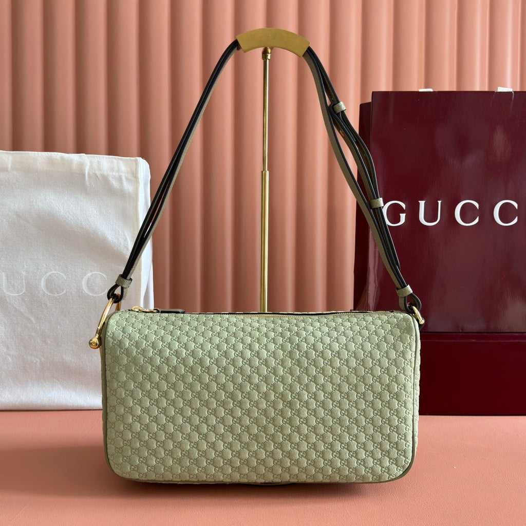 GUCCI 26S SHOULDER BAG 31 IN LIGHT GREEN EMBOSSED SUEDE