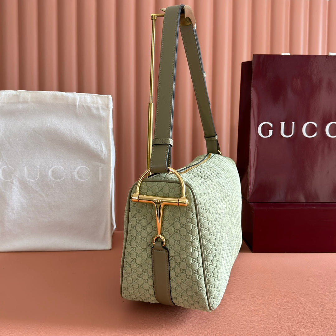 GUCCI 26S SHOULDER BAG 38 IN LIGHT GREEN EMBOSSED SUEDE