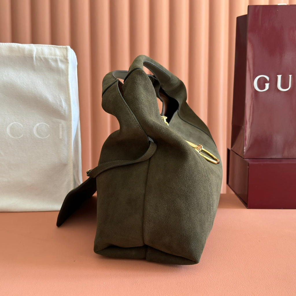GUCCI 26S SOFTBIT SHOULDER BAG 46 IN DARK OLIVE GREEN SUEDE