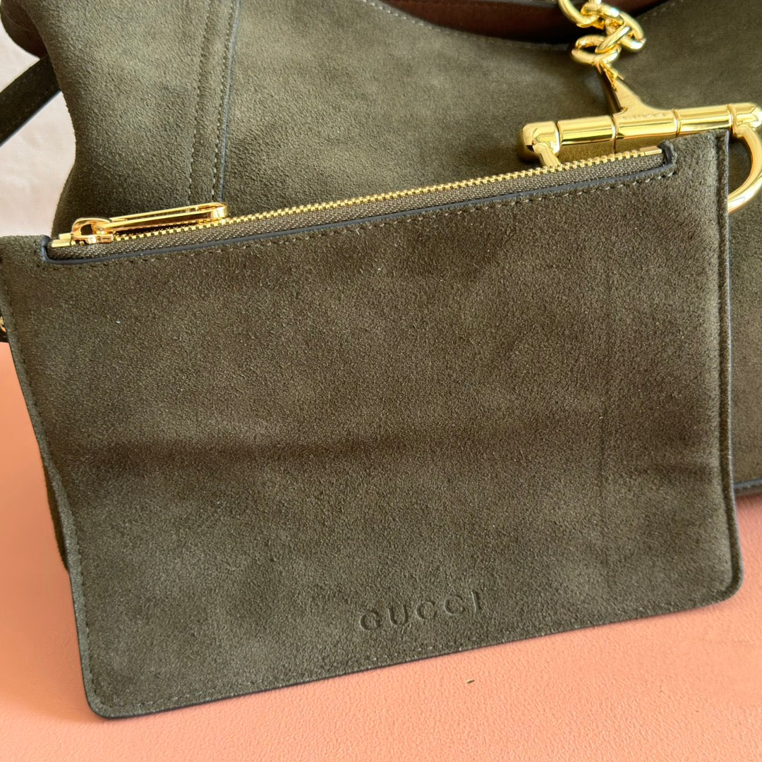 GUCCI 26S SOFTBIT SHOULDER BAG 46 IN DARK OLIVE GREEN SUEDE