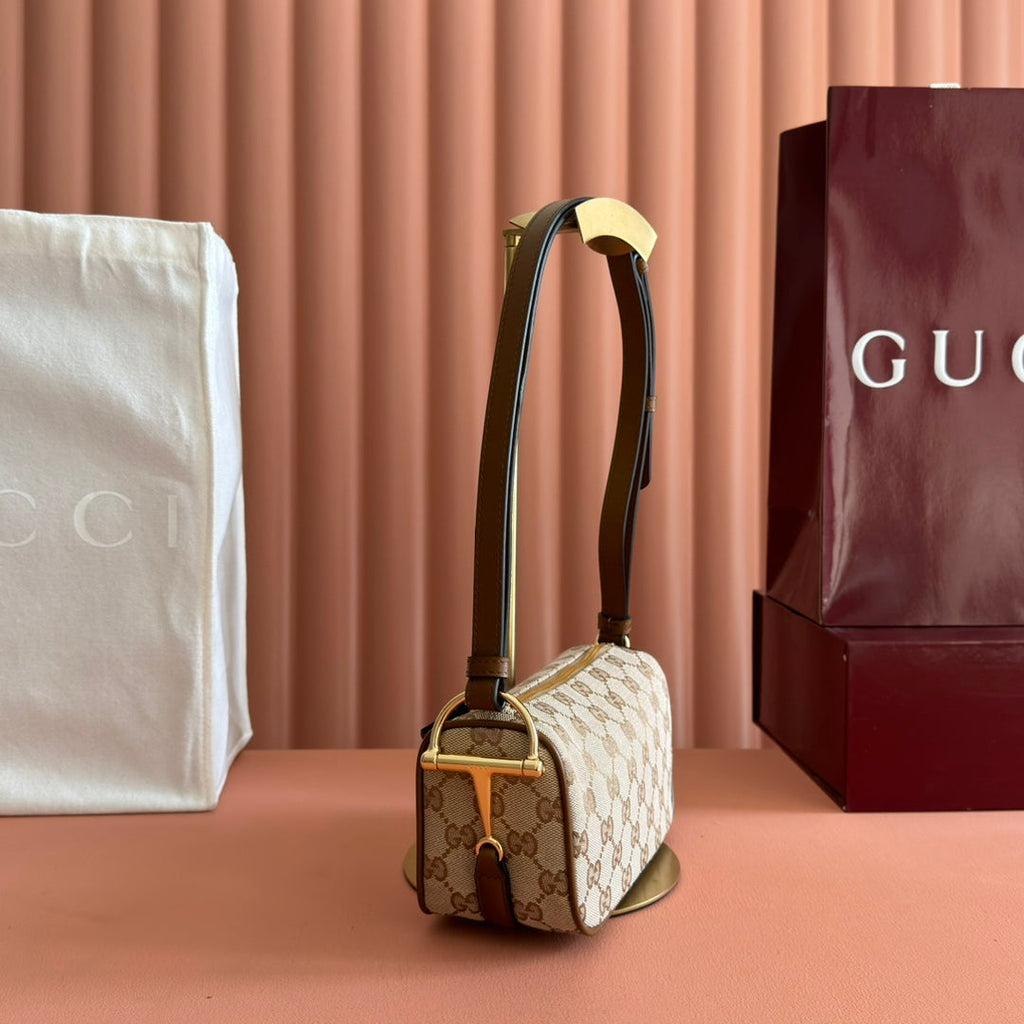 GUCCI 26S SHOULDER BAG 19 IN WARM BEIGE AND BROWN CANVAS
