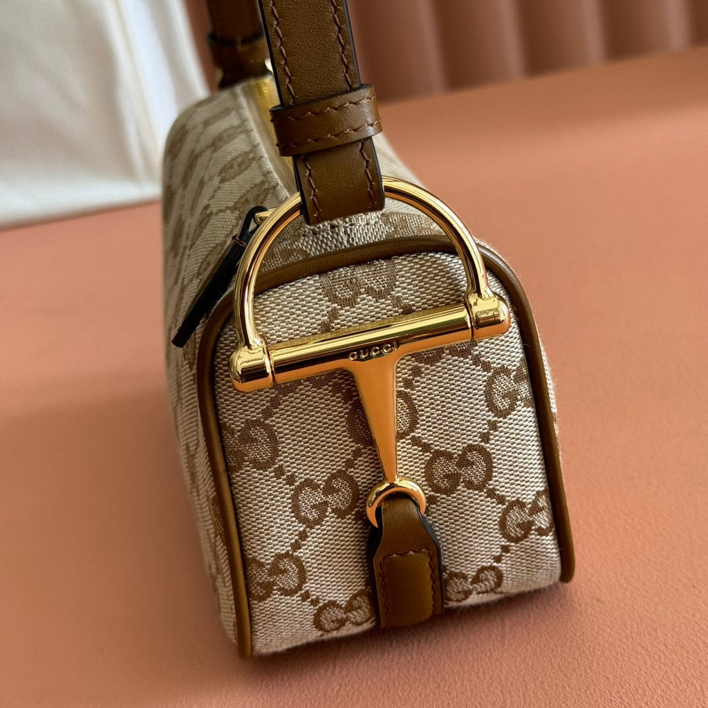 GUCCI 26S SHOULDER BAG 19 IN WARM BEIGE AND BROWN CANVAS