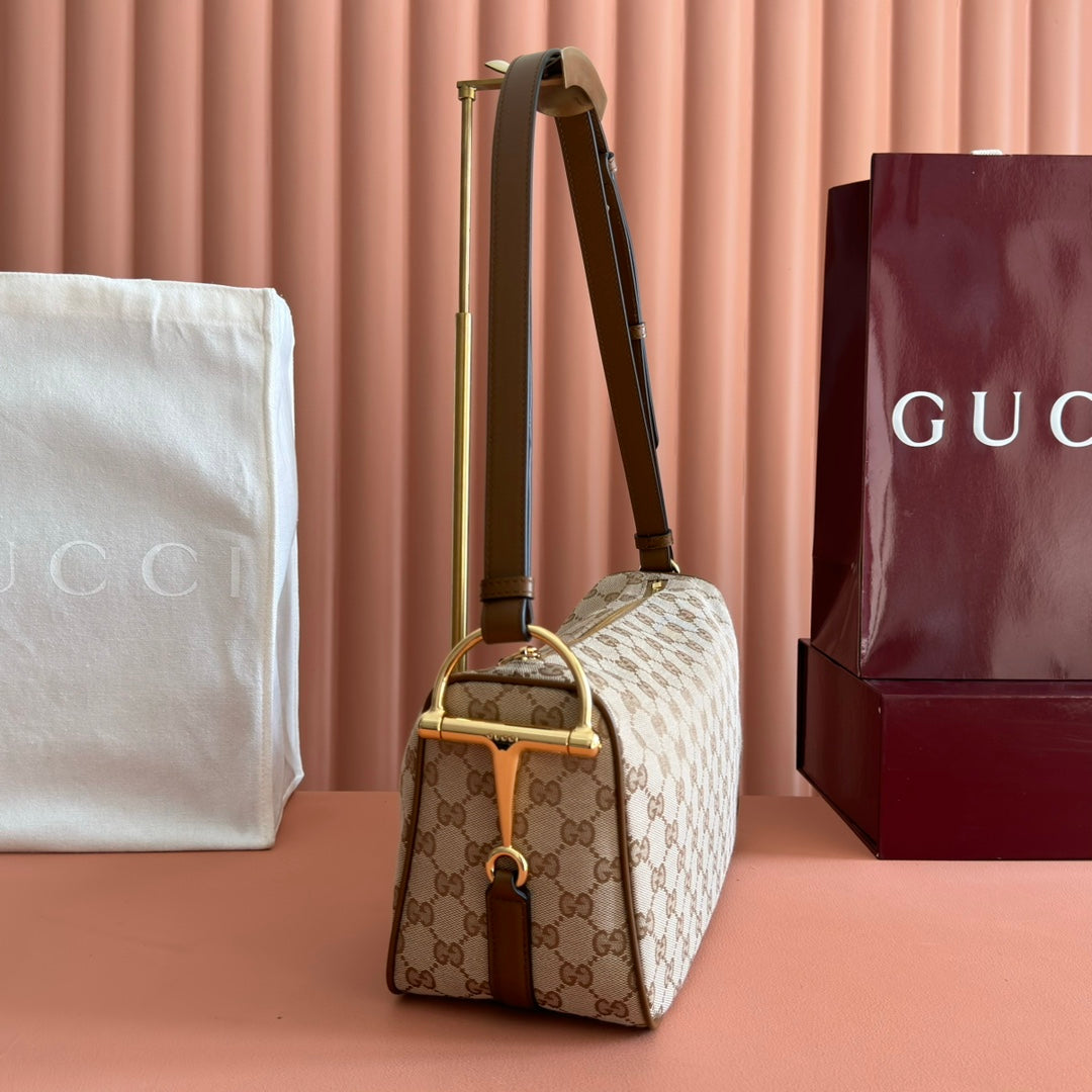 GUCCI 26S SHOULDER BAG 31 IN WARM BEIGE AND BROWN CANVAS