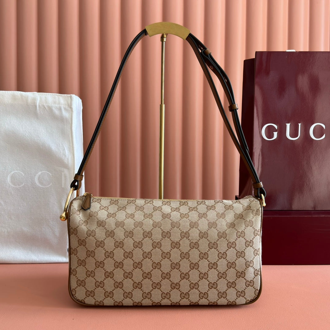 GUCCI 26S SHOULDER BAG 31 IN WARM BEIGE AND BROWN CANVAS