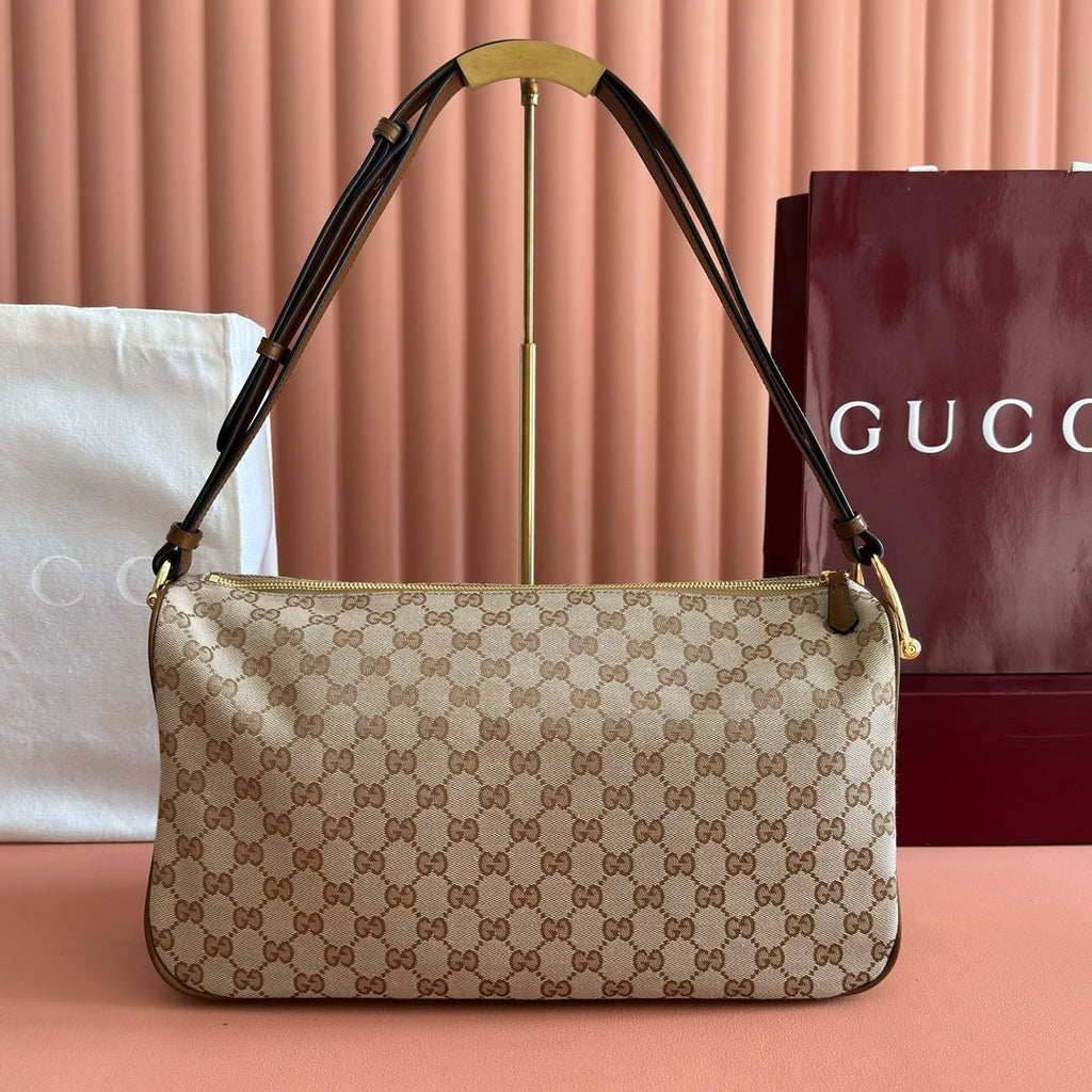 GUCCI 26S SHOULDER BAG 38 IN WARM BEIGE AND BROWN CANVAS