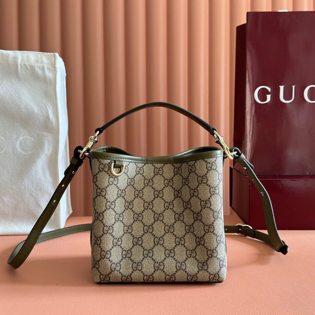 GUCCI 26S HAND BAG 19 IN DARK BEIGE AND MOSS GREEN CANVAS