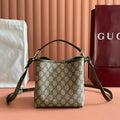 GUCCI 26S HAND BAG 19 IN DARK BEIGE AND MOSS GREEN CANVAS