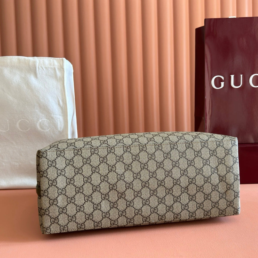 GUCCI 26S TOTE BAG 38 IN DARK BEIGE AND MOSS GREEN CANVAS