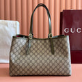 GUCCI 26S TOTE BAG 38 IN DARK BEIGE AND MOSS GREEN CANVAS