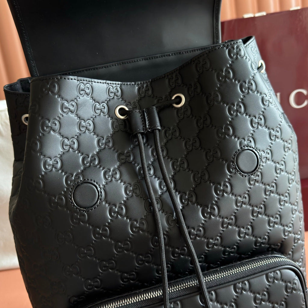 GUCCI 26S  EMBLEM BACKPACK 44 IN BLACK EMBOSSED CALFSKIN