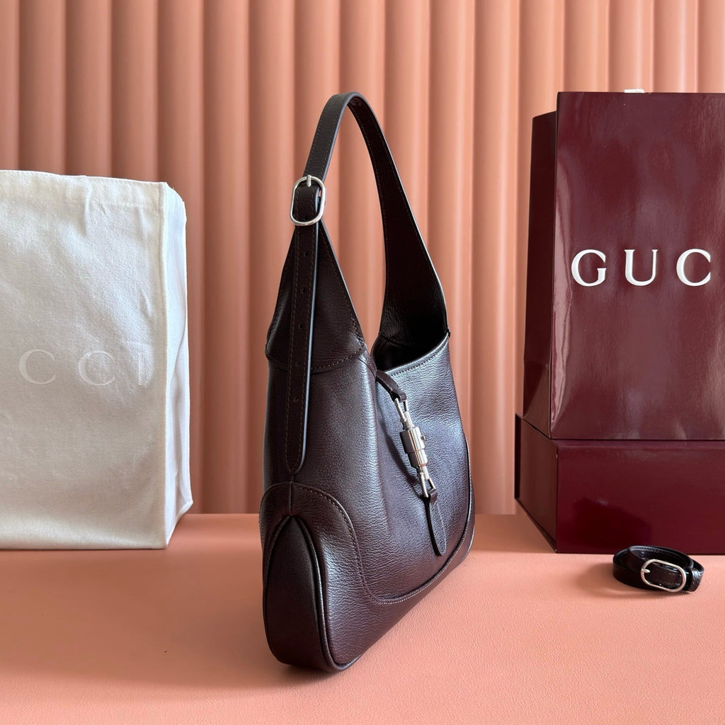 GUCCI 26S JACKIE SLIM SHOULDER BAG 28 IN DARK BROWN CALFSKIN