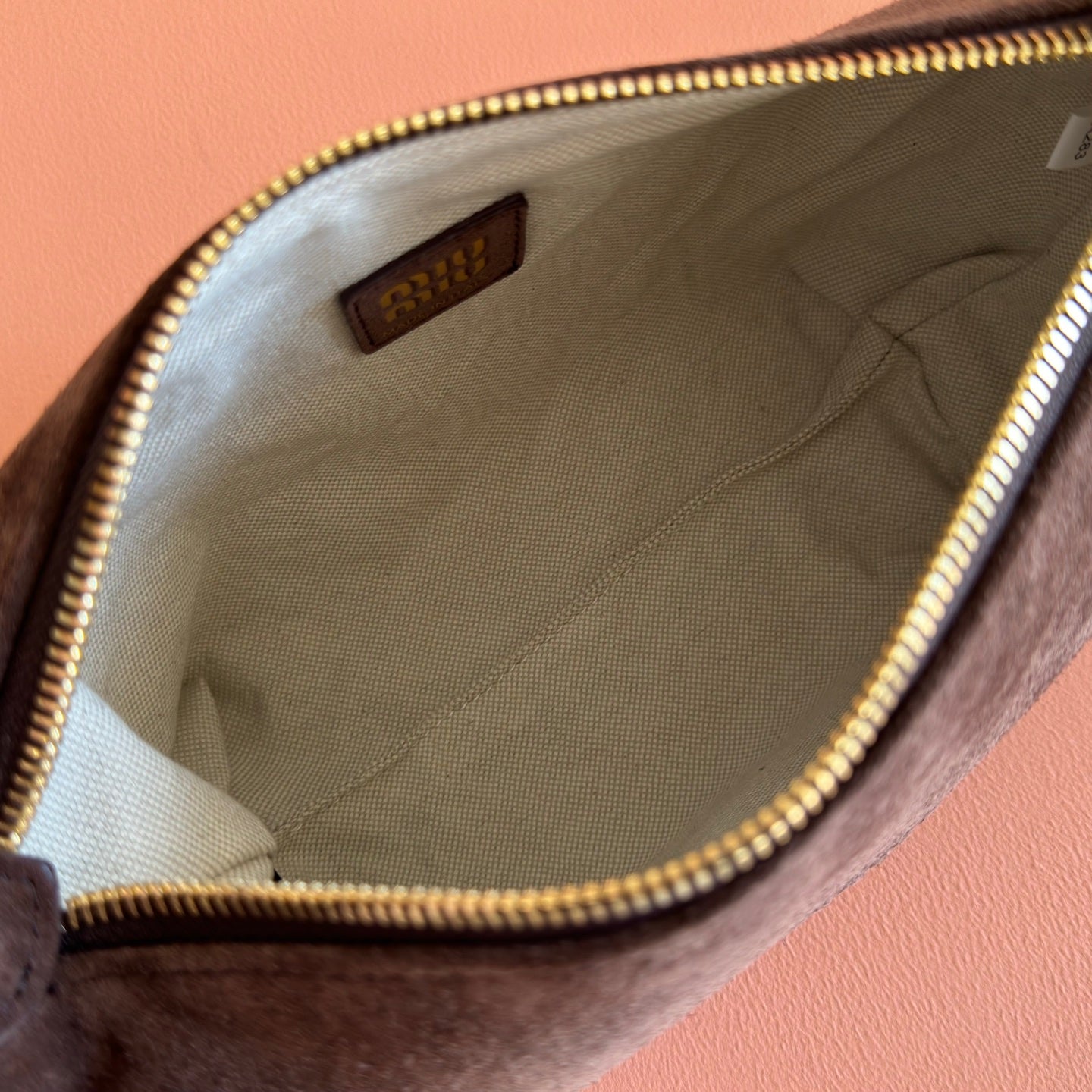 MIUMIU 26S CORDUROY POUCH BAG 25 IN CHOCOLATE BROWN SUEDE GOLD HARDWARE