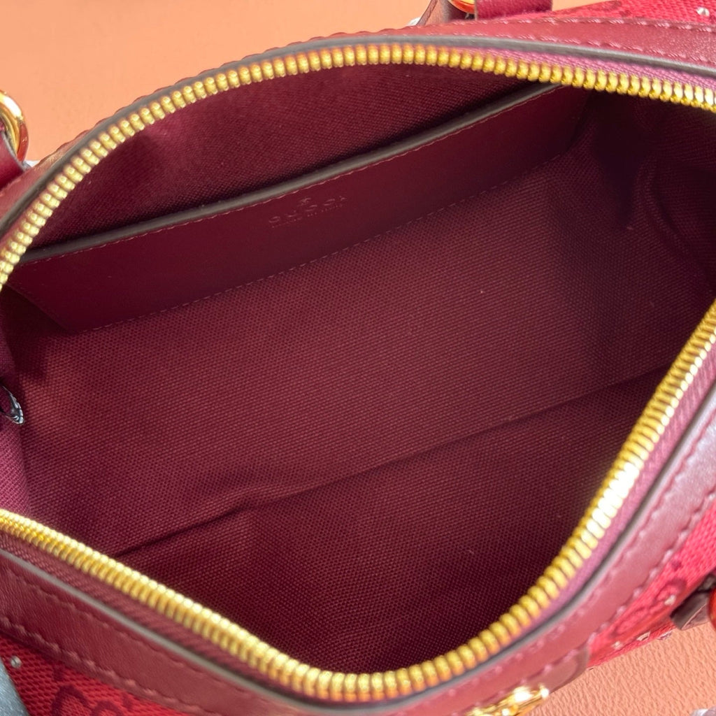 GUCCI 26S OPHIDIA BOSTON BAG 21 IN DARK RED CANVAS EMBELLISHED WITH RHINESTONES