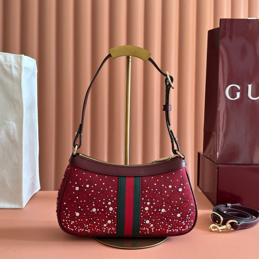 GUCCI 26S OPHIDIA SHOULDER BAG 26 IN DARK RED CANVAS EMBELLISHED WITH RHINESTONES