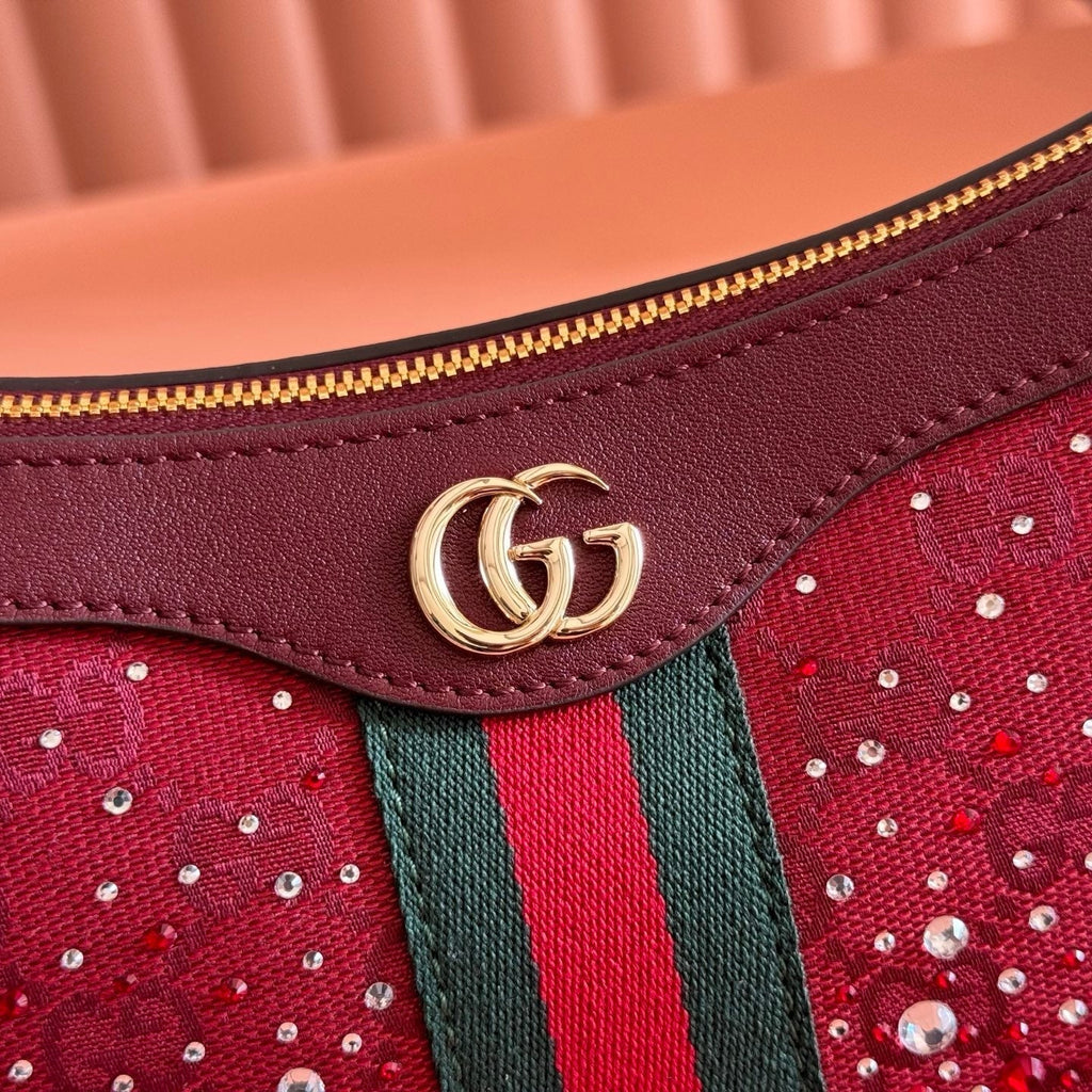 GUCCI 26S OPHIDIA SHOULDER BAG 26 IN DARK RED CANVAS EMBELLISHED WITH RHINESTONES