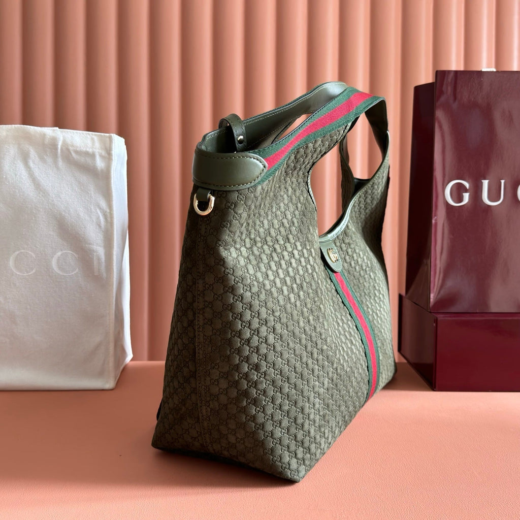GUCCI 26S GIGLIO LARGE TOTE BAG 60 IN DARK MOSS GREEN EMBOSSED SUEDE