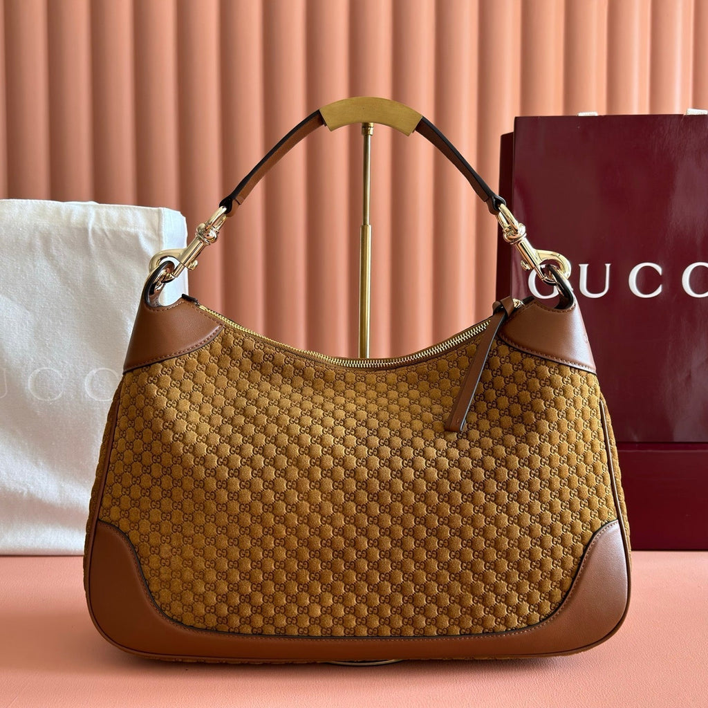 GUCCI 26S SHOULDER BAG 40 IN BROWN EMBOSSED SUEDE