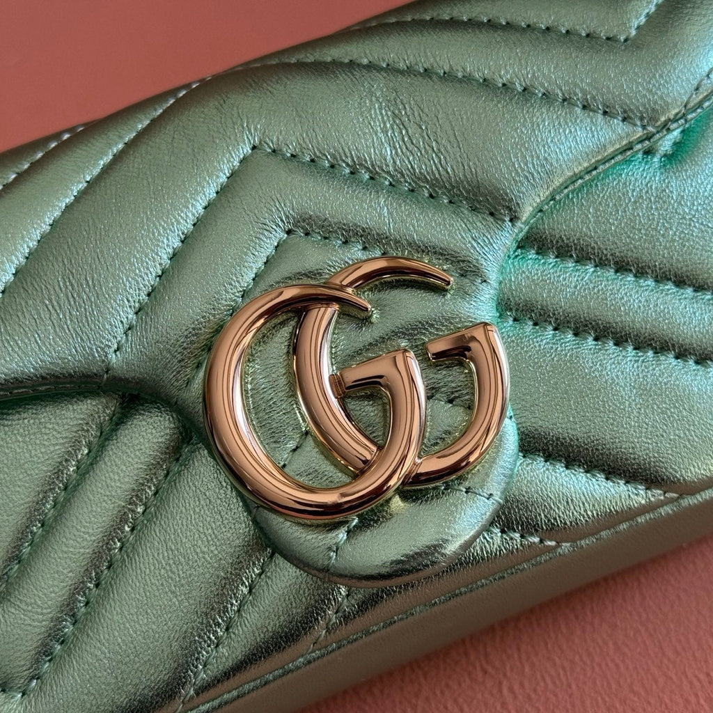 GUCCI 26S  MARMONT BAG 16 IN METALLIC PALE GREEN LAMBSKIN