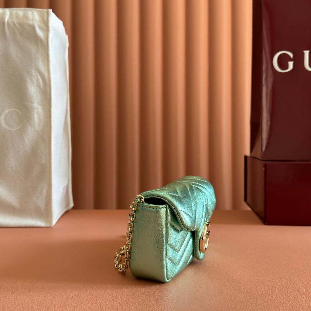 GUCCI 26S  MARMONT BAG 16 IN METALLIC PALE GREEN LAMBSKIN