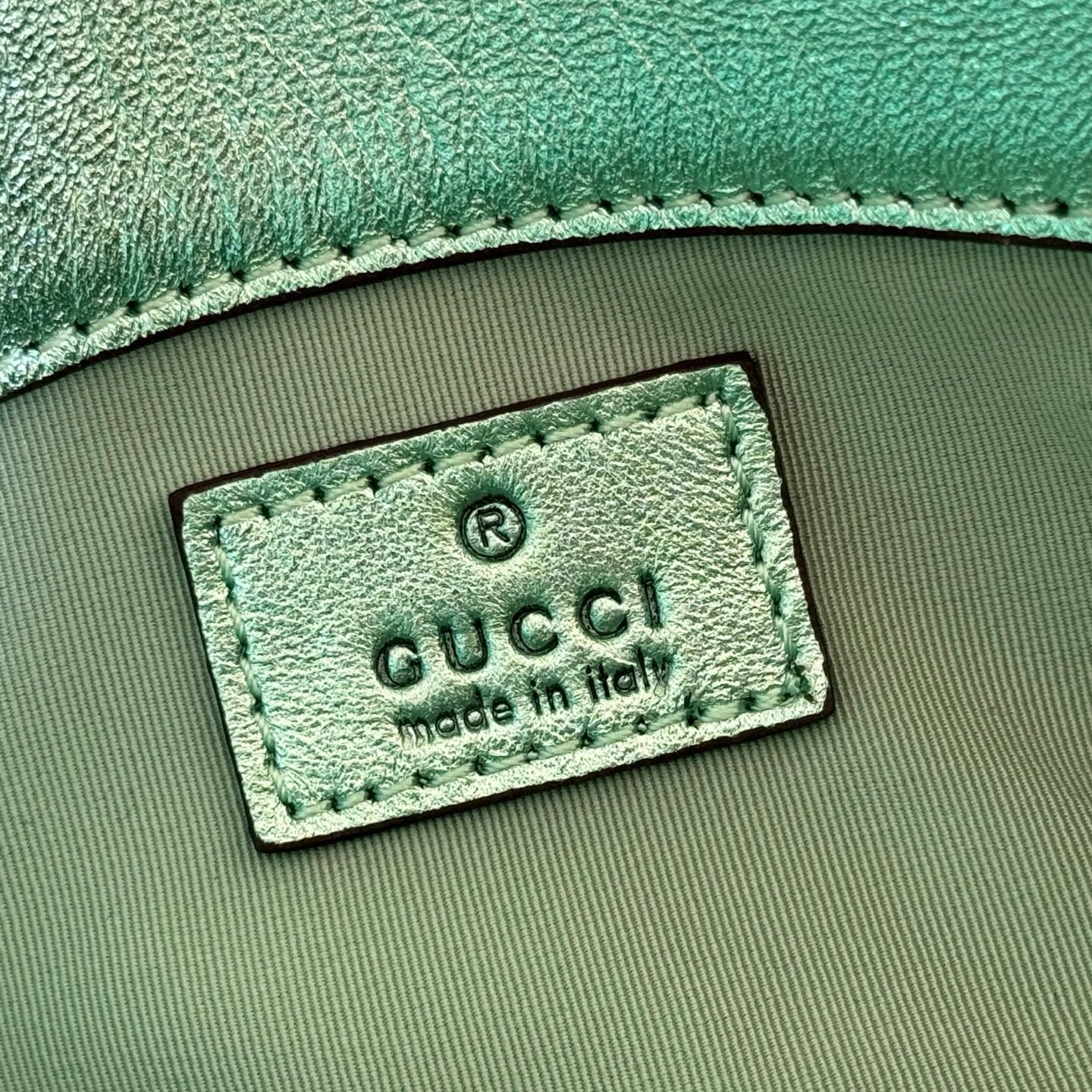 GUCCI 26S  MARMONT BAG 16 IN METALLIC PALE GREEN LAMBSKIN