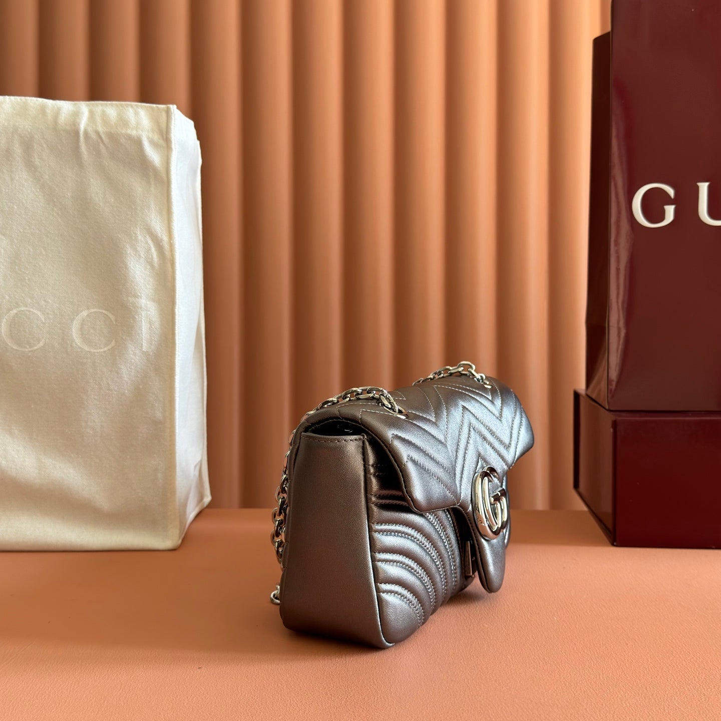 GUCCI 26S  MARMONT BAG 26 IN WARM GRAY BROWN LAMBSKIN