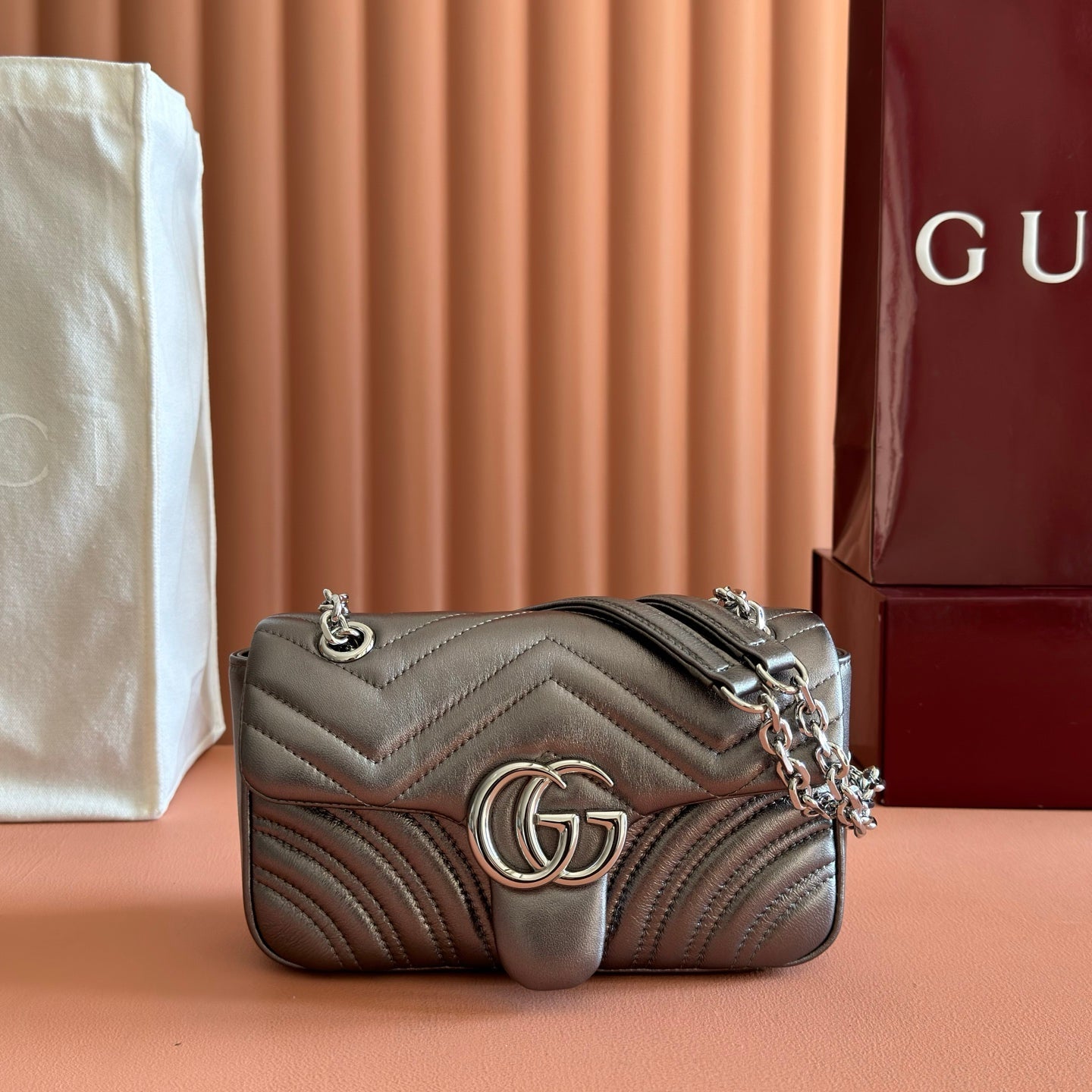 GUCCI 26S  MARMONT BAG 22 IN WARM GRAY BROWN LAMBSKIN