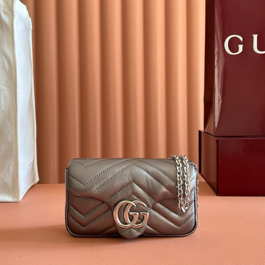 GUCCI 26S  MARMONT BAG 16 IN WARM GRAY BROWN LAMBSKIN