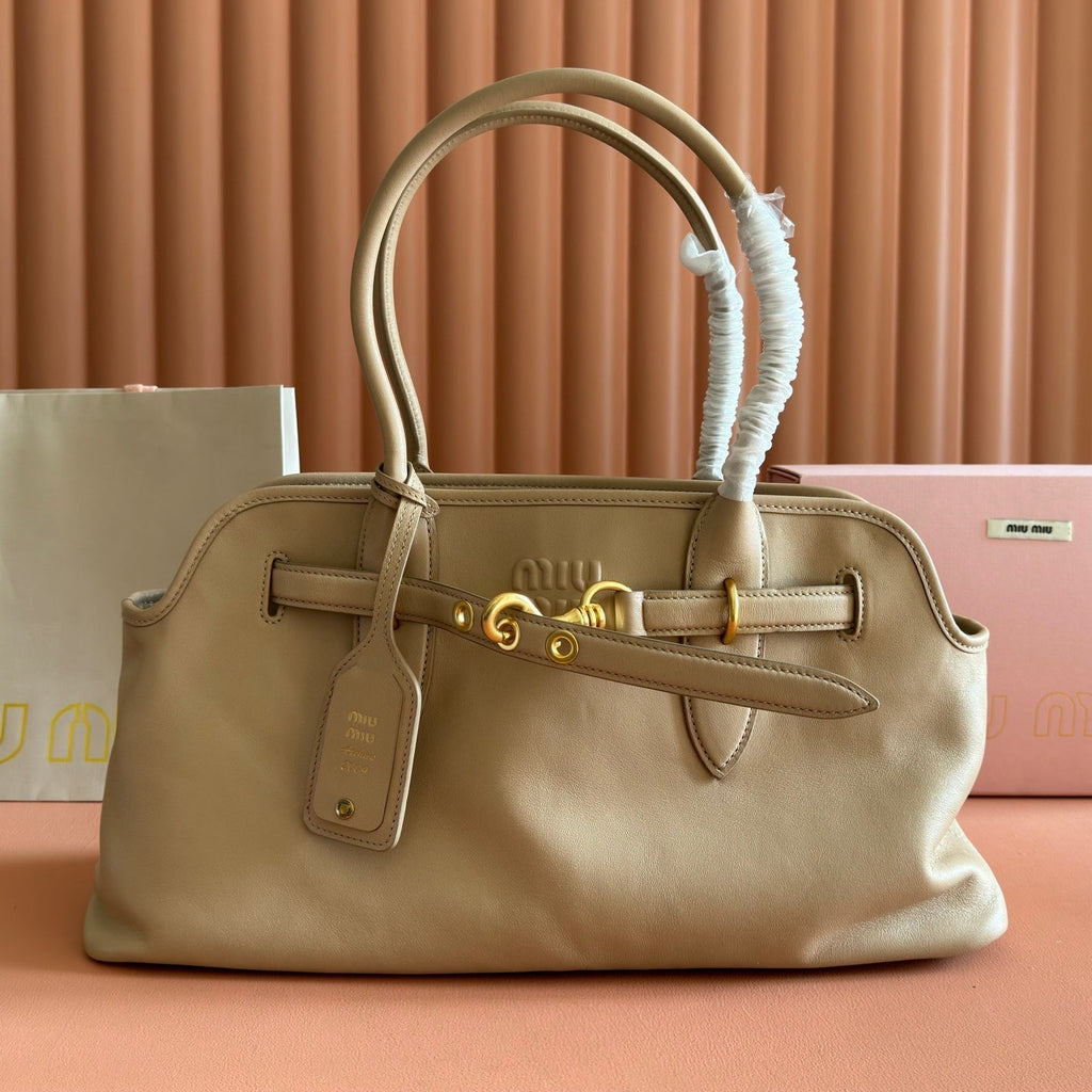 MIUMIU 26S BORSA AVENTURE BAG 44 IN DARK BEIGE LAMBSKIN GOLD HARDWARE