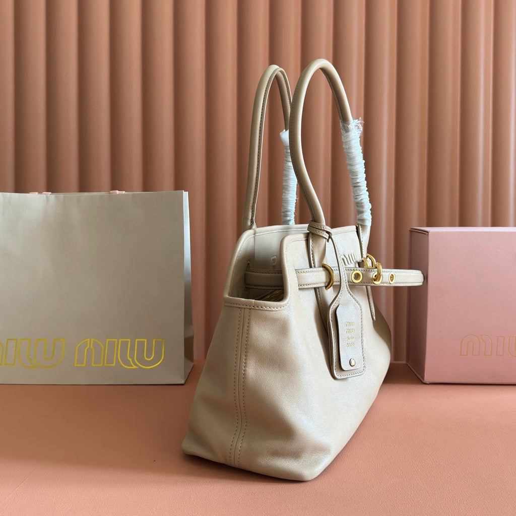 MIUMIU 26S BORSA AVENTURE BAG 44 IN DARK BEIGE LAMBSKIN GOLD HARDWARE