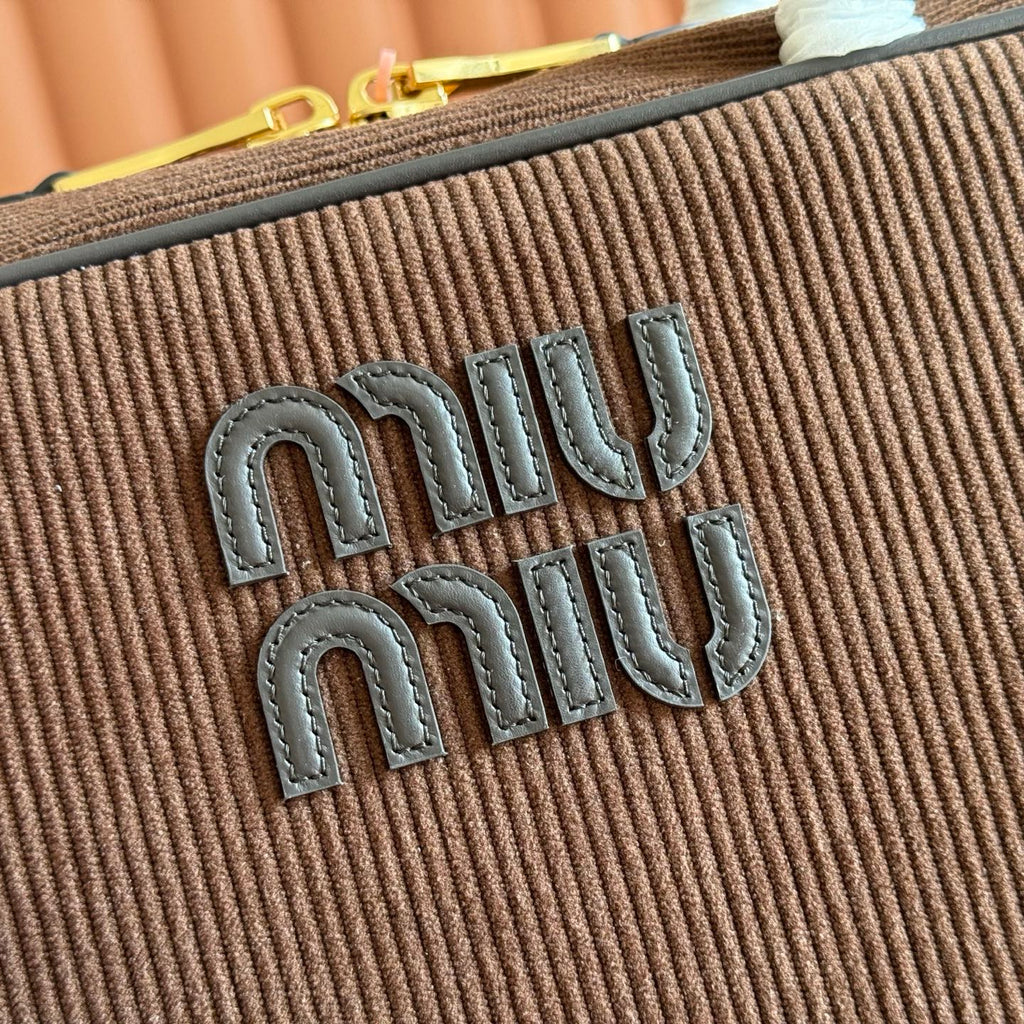 MIUMIU 26S BEAU BAG 34 IN CHOCOLATE BROWN CANVAS AND BLACK CALFSKIN