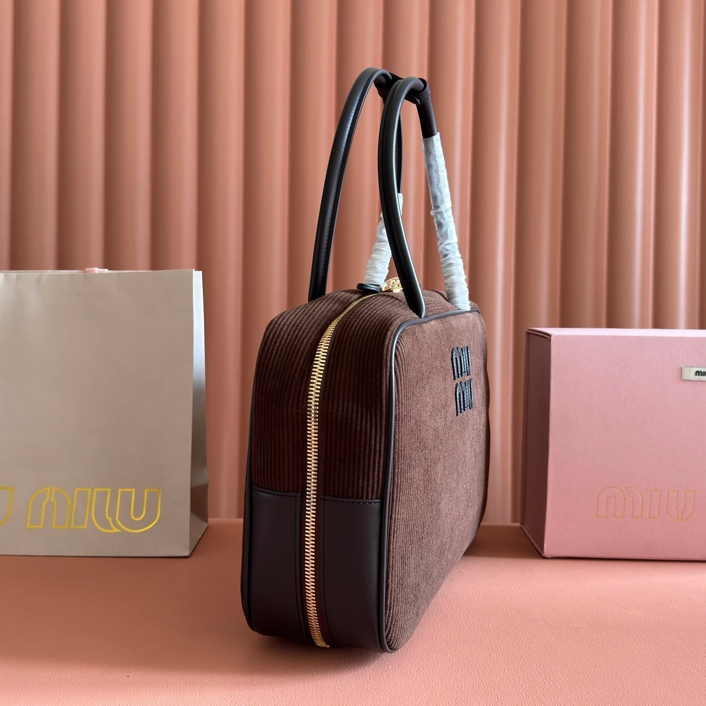 MIUMIU 26S BEAU BAG 34 IN CHOCOLATE BROWN CANVAS AND BLACK CALFSKIN