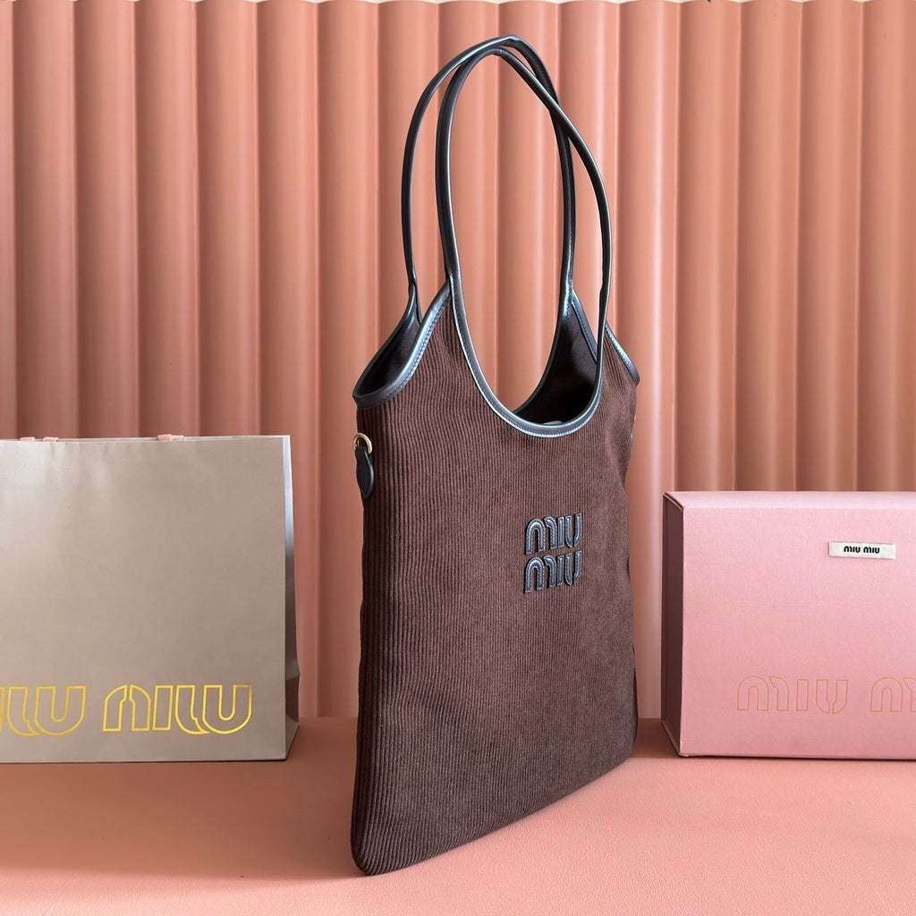 MIUMIU 26S IVY 40 TOTE IN IN CHOCOLATE BROWN CANVAS AND BLACK CALFSKIN