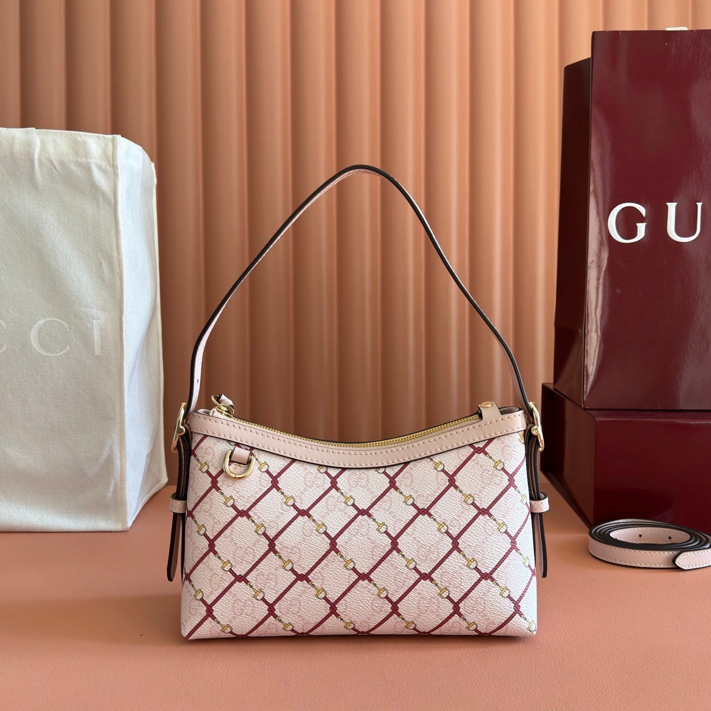 GUCCI 26S  EMBLEM BUCKET BAG 22 IN LIGHT PINK COATED FABRIC