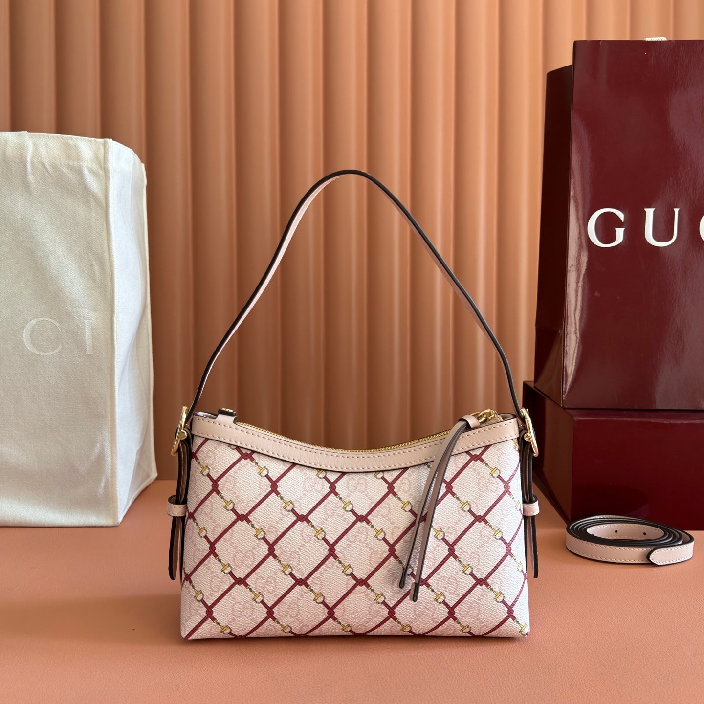 GUCCI 26S  EMBLEM BUCKET BAG 22 IN LIGHT PINK COATED FABRIC