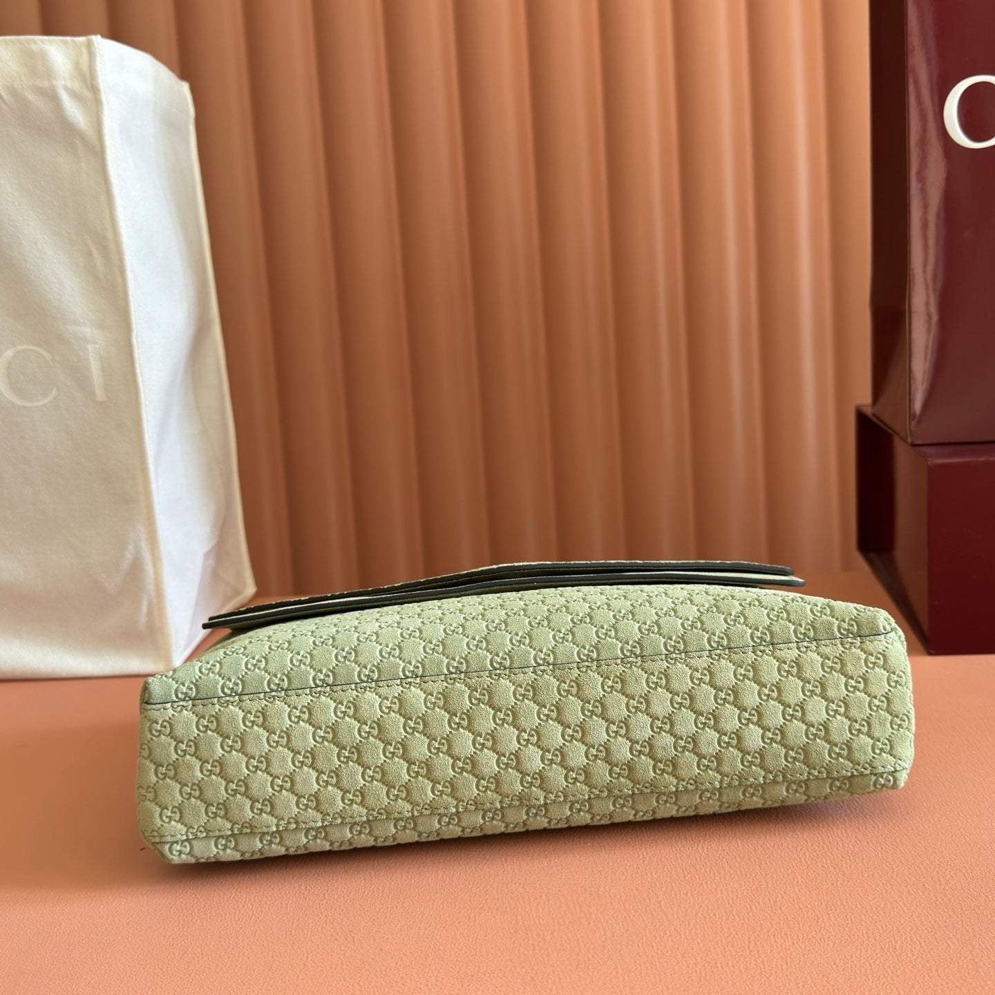 GUCCI 26S SHOULDER BAG 28 IN SAGE GREEN EMBOSSED SUEDE