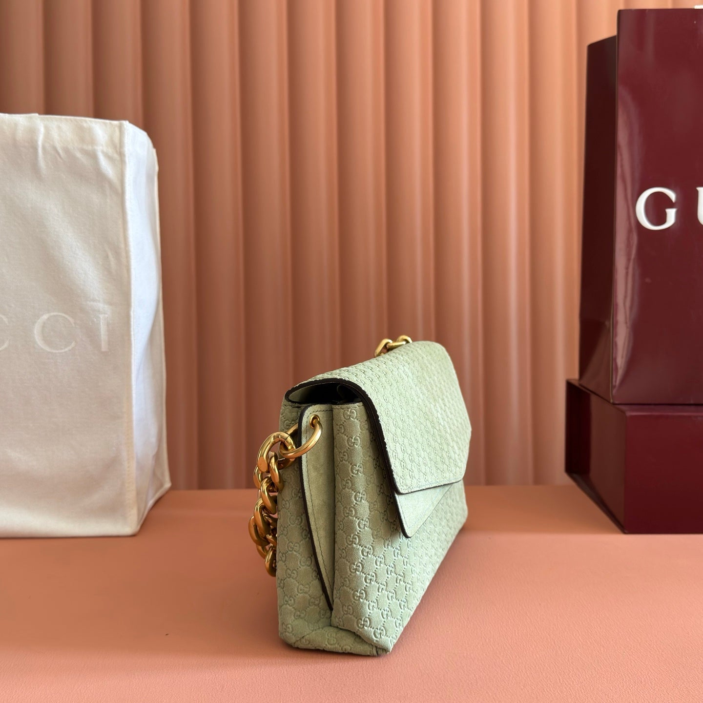 GUCCI 26S SHOULDER BAG 28 IN SAGE GREEN EMBOSSED SUEDE