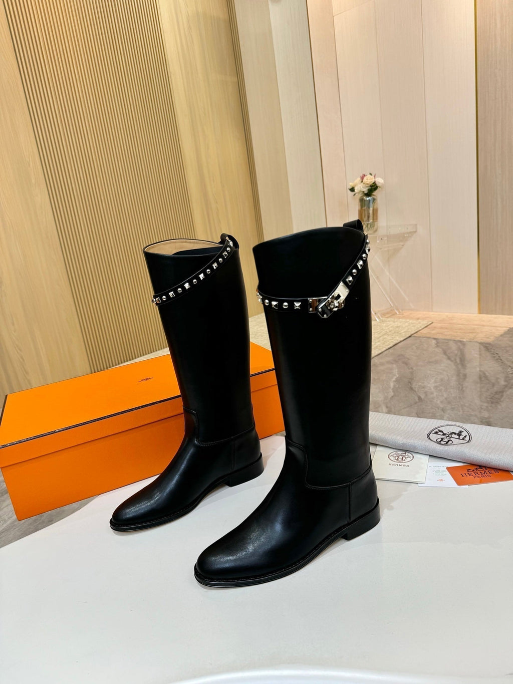HERMES 25S KNEE-HIGH FLAT BOOTS IN BLACK LAMBSKIN WITH SILVER HARDWARE