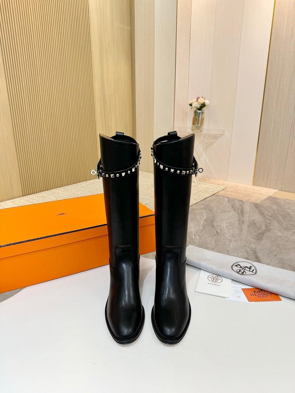 HERMES 25S KNEE-HIGH FLAT BOOTS IN BLACK LAMBSKIN WITH SILVER HARDWARE