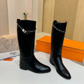 HERMES 25S KNEE-HIGH FLAT BOOTS IN BLACK LAMBSKIN WITH SILVER HARDWARE