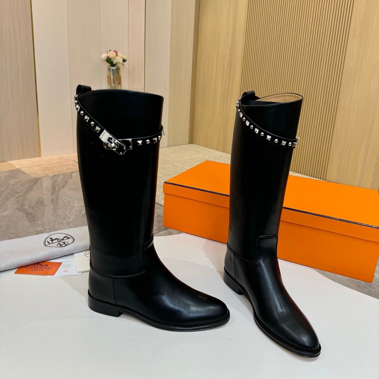 HERMES 25S KNEE-HIGH FLAT BOOTS IN BLACK LAMBSKIN WITH SILVER HARDWARE