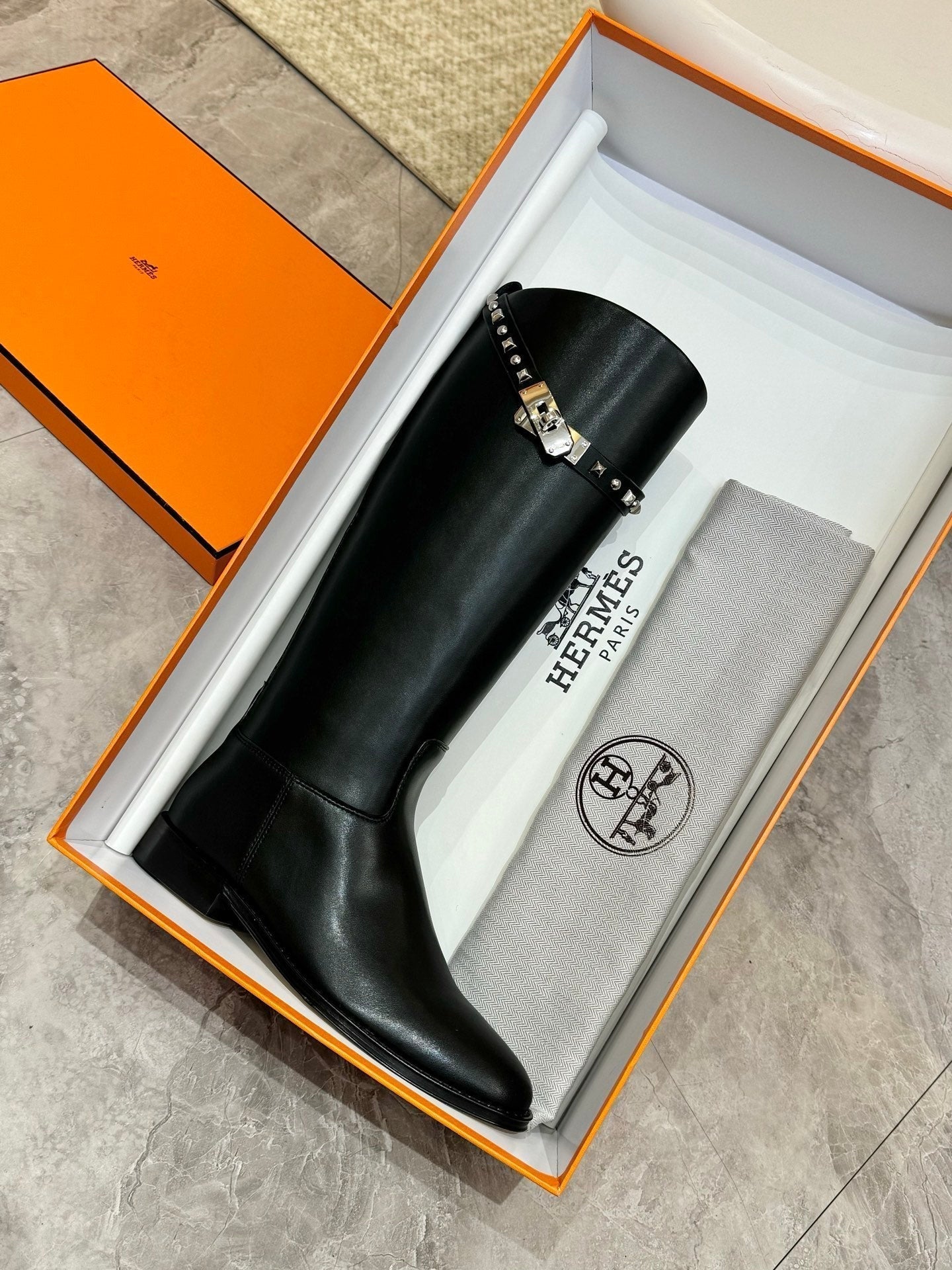HERMES 25S KNEE-HIGH FLAT BOOTS IN BLACK LAMBSKIN WITH SILVER HARDWARE