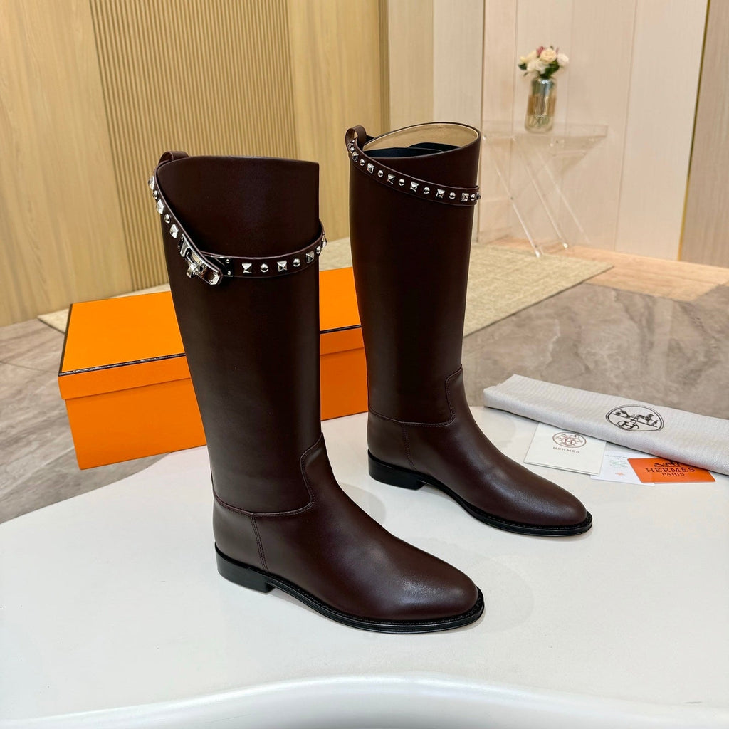HERMES 25S KNEE-HIGH FLAT BOOTS IN DARK BROWN LAMBSKIN WITH SILVER HARDWARE