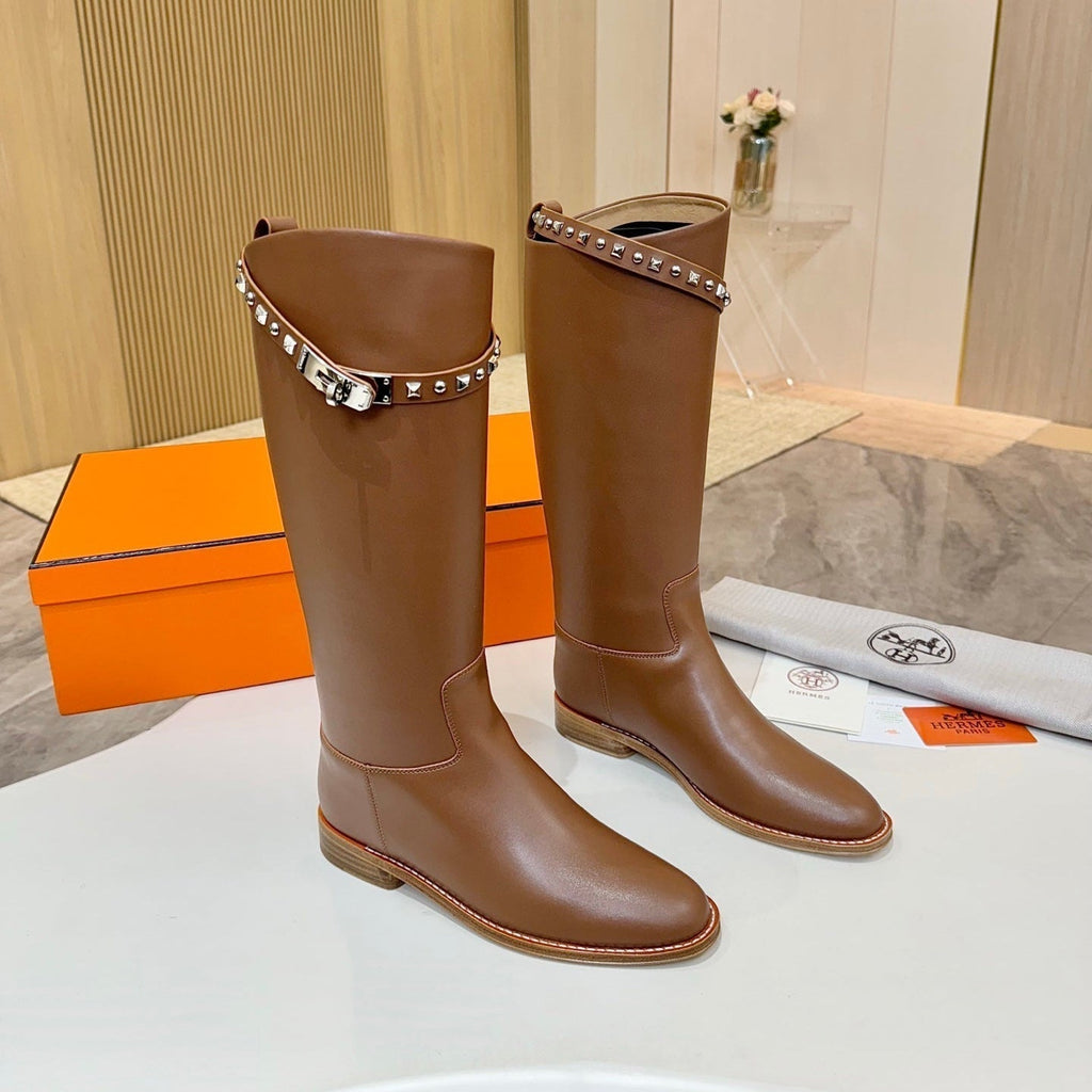 HERMES 25S KNEE-HIGH FLAT BOOTS IN BROWN LAMBSKIN WITH SILVER HARDWARE