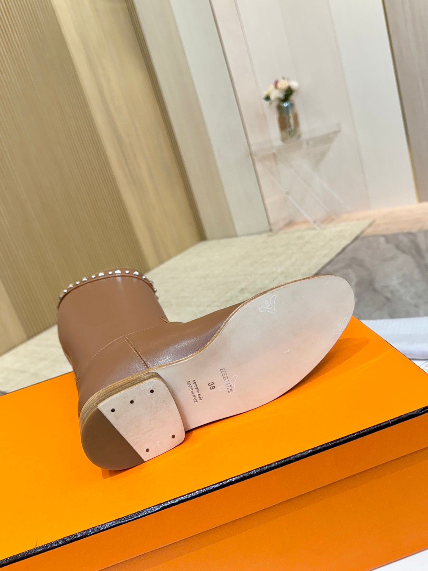 HERMES 25S KNEE-HIGH FLAT BOOTS IN BROWN LAMBSKIN WITH SILVER HARDWARE