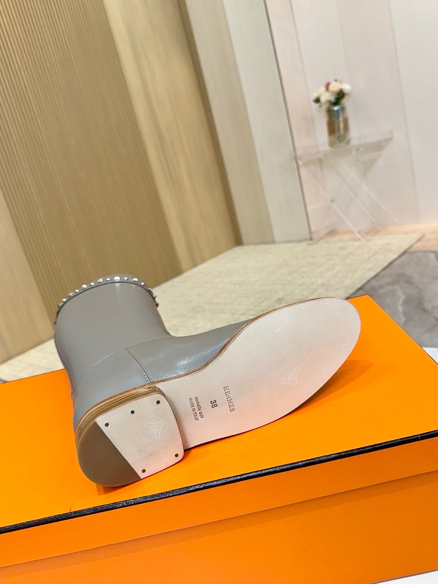 HERMES 25S KNEE-HIGH FLAT BOOTS IN GREY LAMBSKIN WITH SILVER HARDWARE