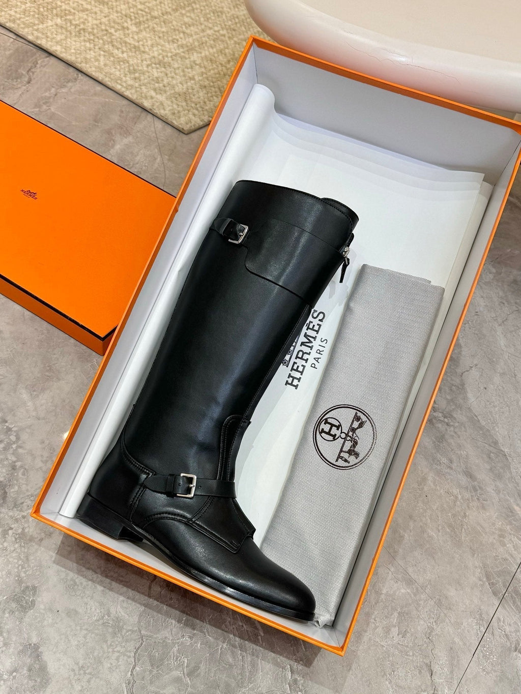 HERMES 25S RIDING BOOTS IN BLACK LAMBSKIN WITH SILVER HARDWARE