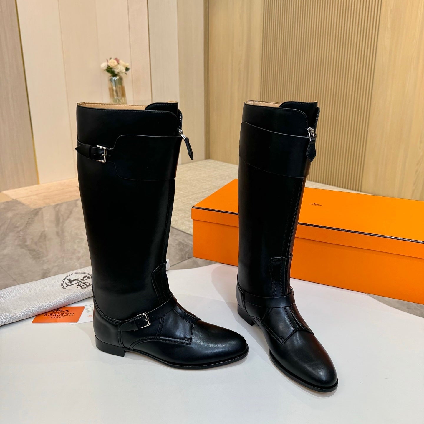HERMES 25S RIDING BOOTS IN BLACK LAMBSKIN WITH SILVER HARDWARE