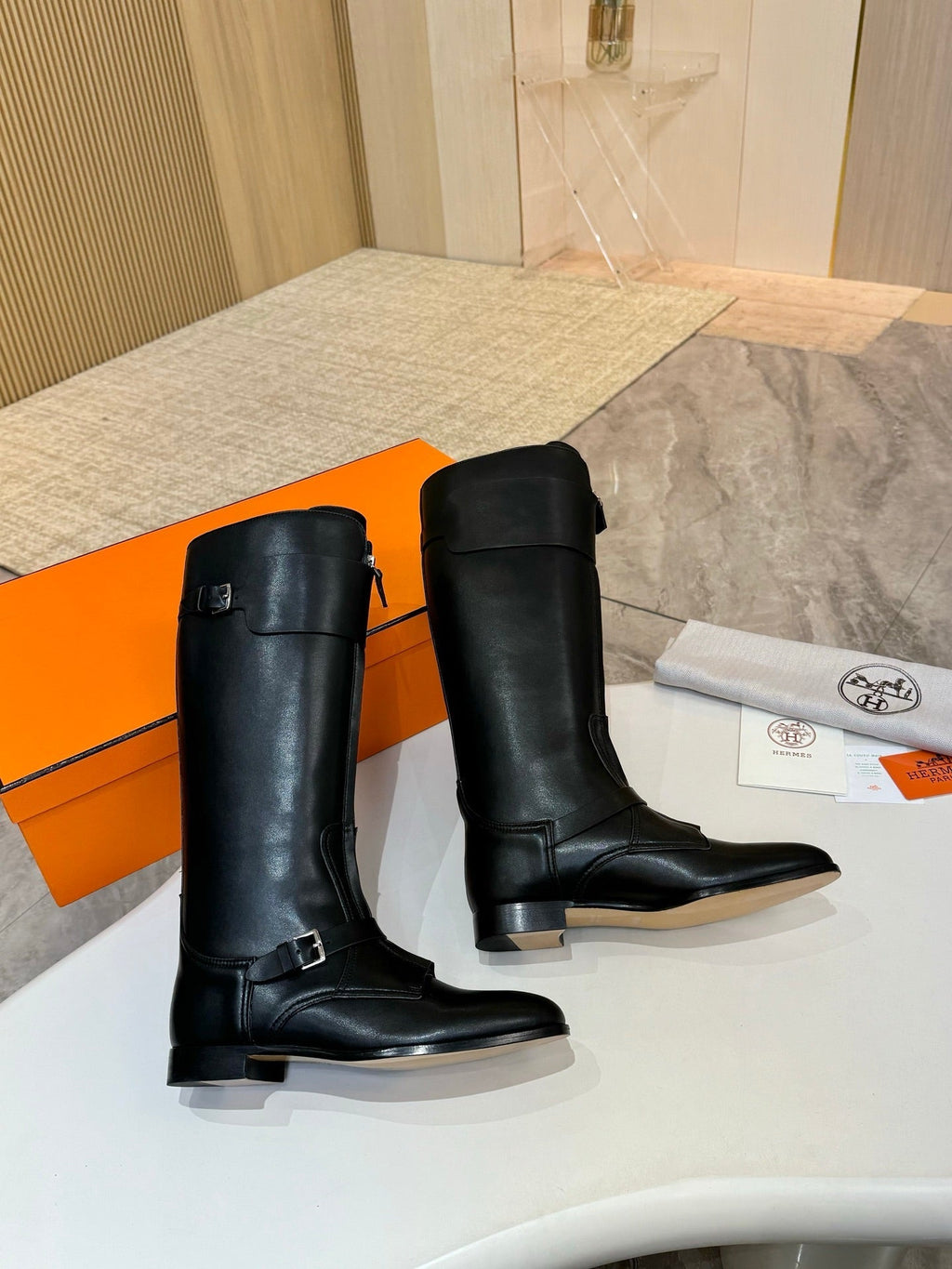 HERMES 25S RIDING BOOTS IN BLACK LAMBSKIN WITH SILVER HARDWARE