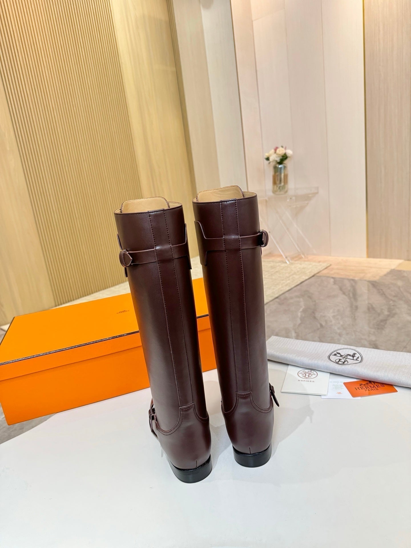 HERMES 25S RIDING BOOTS IN DARK BROWN LAMBSKIN WITH SILVER HARDWARE