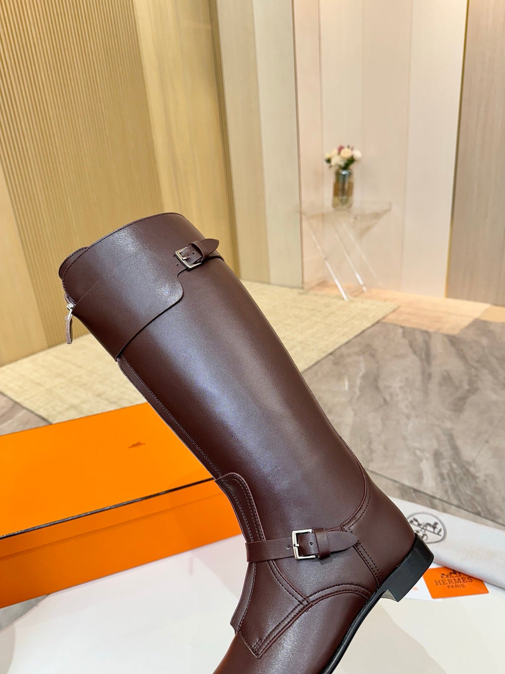 HERMES 25S RIDING BOOTS IN DARK BROWN LAMBSKIN WITH SILVER HARDWARE